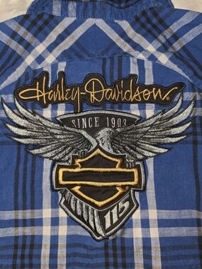 Harley-Davidson Womans Motorcycle 115 Yr Plaid Button-Down Stretchy Pearl Snap